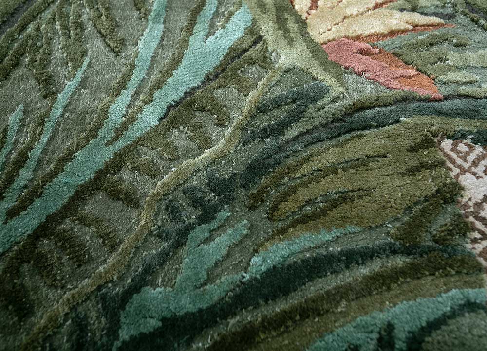 inde rose green wool and silk Hand Knotted Rug - CloseUp