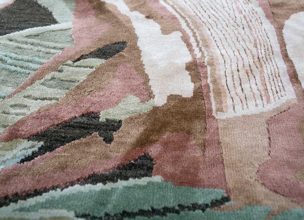 inde rose green wool and silk Hand Knotted Rug - CloseUp