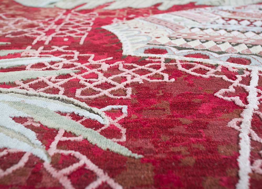 inde rose green wool and silk Hand Knotted Rug - CloseUp