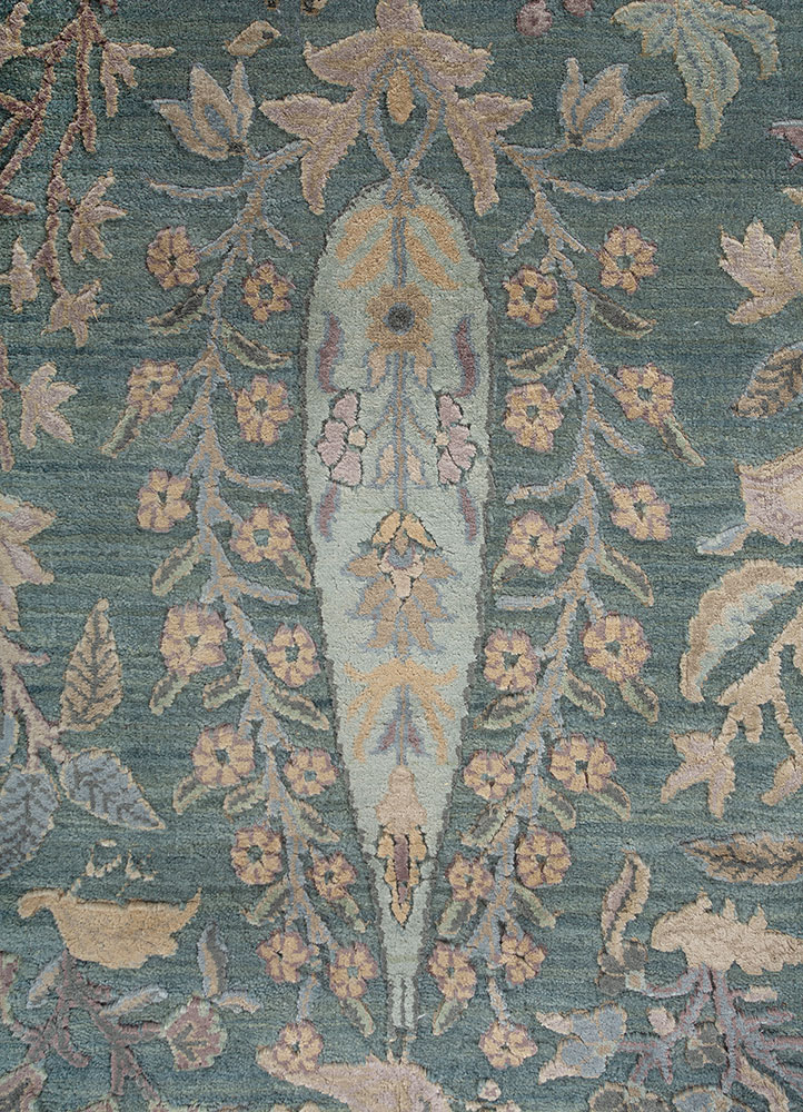 far east blue wool and silk Hand Knotted Rug - CloseUp
