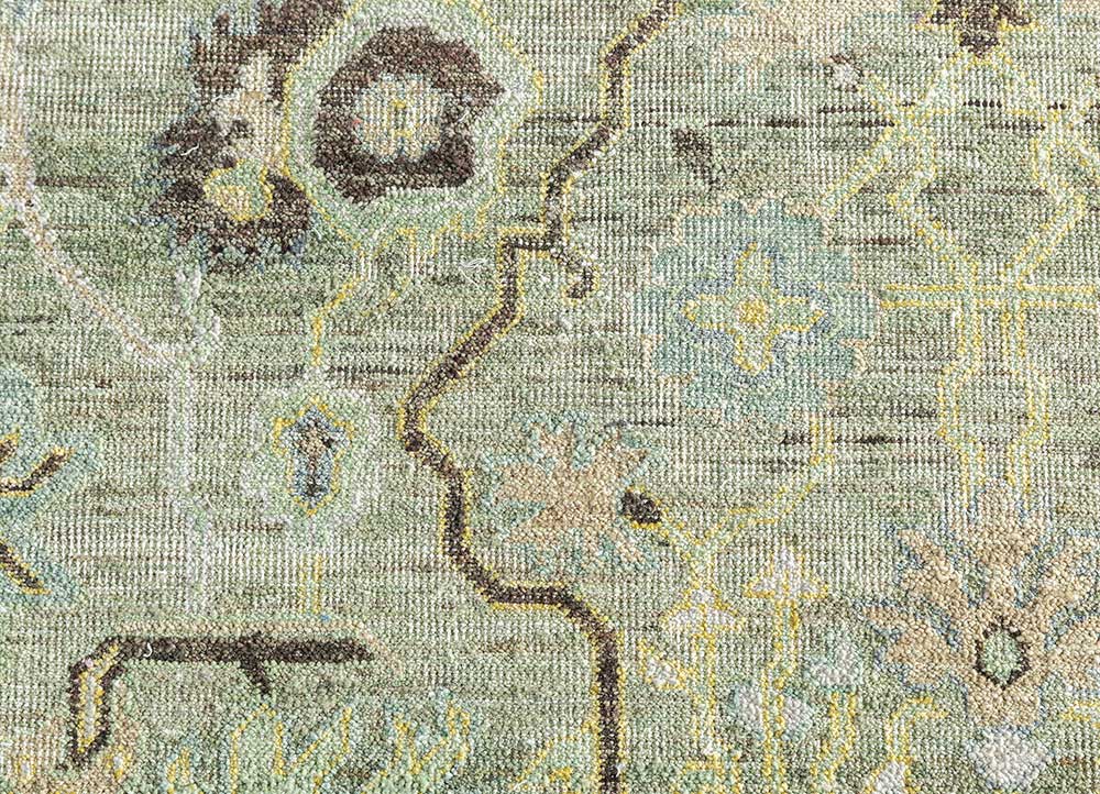 someplace in time green wool Hand Knotted Rug - CloseUp