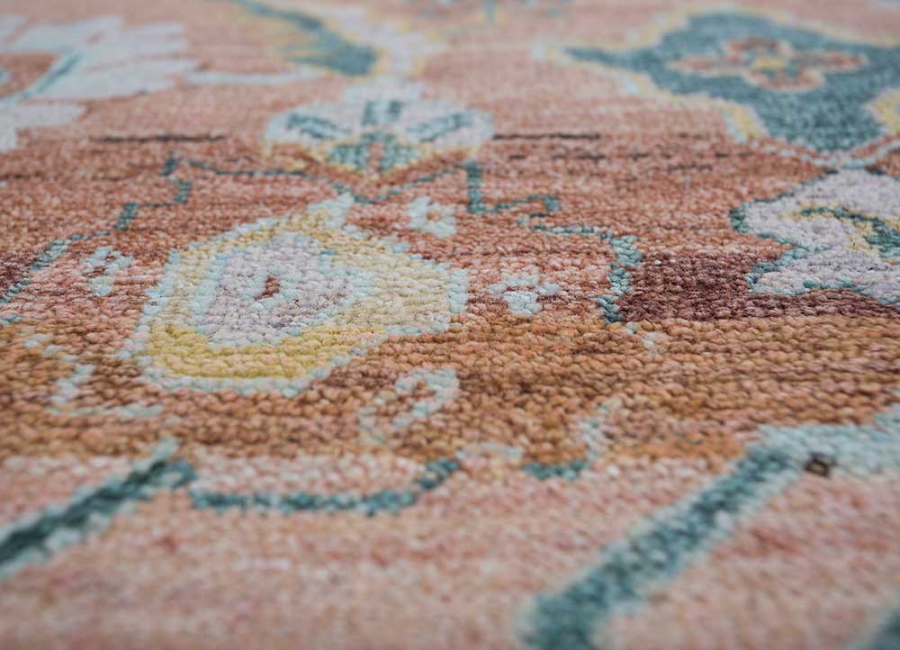 someplace in time red and orange wool Hand Knotted Rug - CloseUp