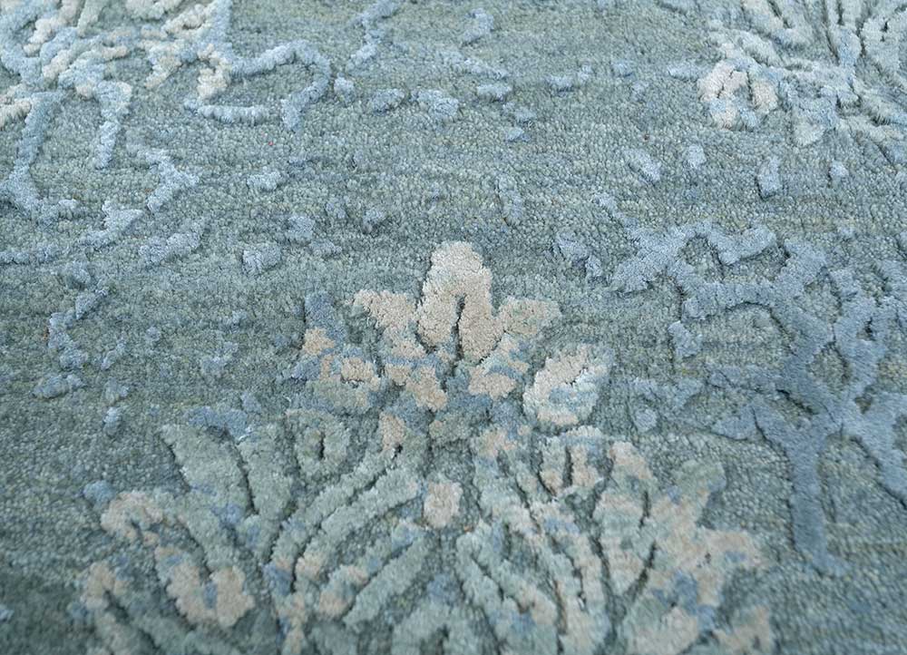 inde rose blue wool and silk Hand Knotted Rug - CloseUp