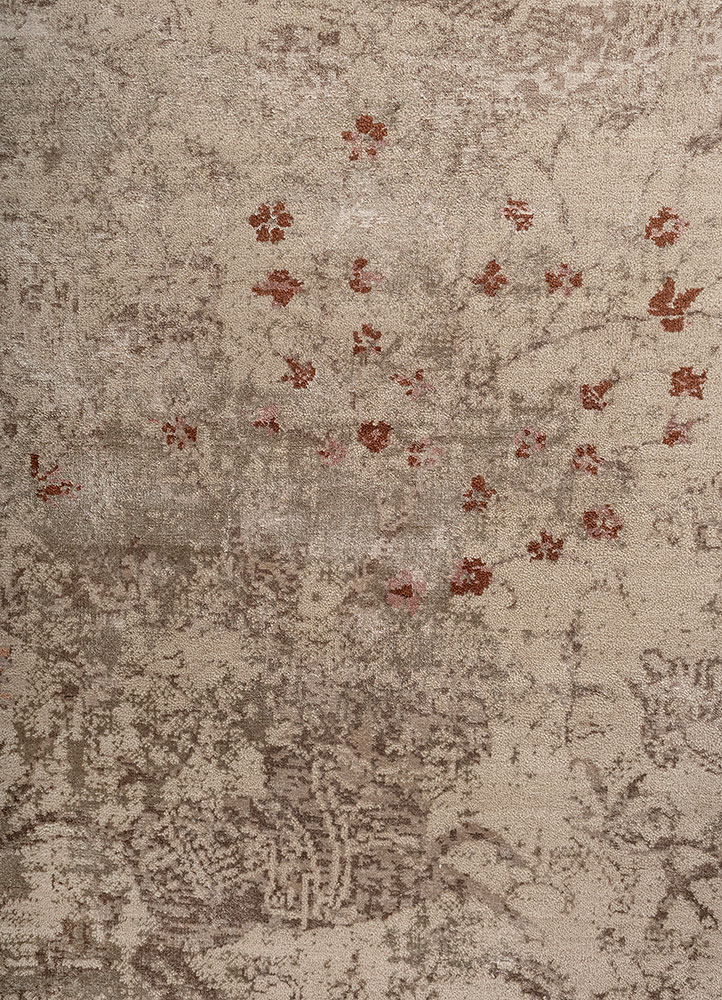 far east beige and brown wool and bamboo silk Hand Knotted Rug - CloseUp