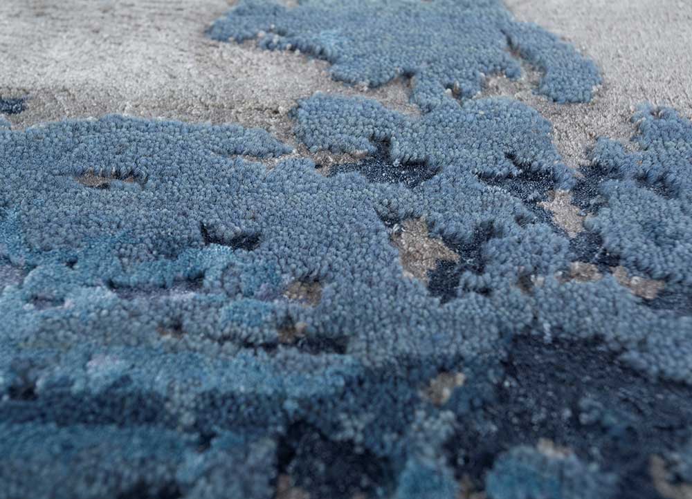 chaos theory by kavi blue wool and bamboo silk Hand Knotted Rug - CloseUp