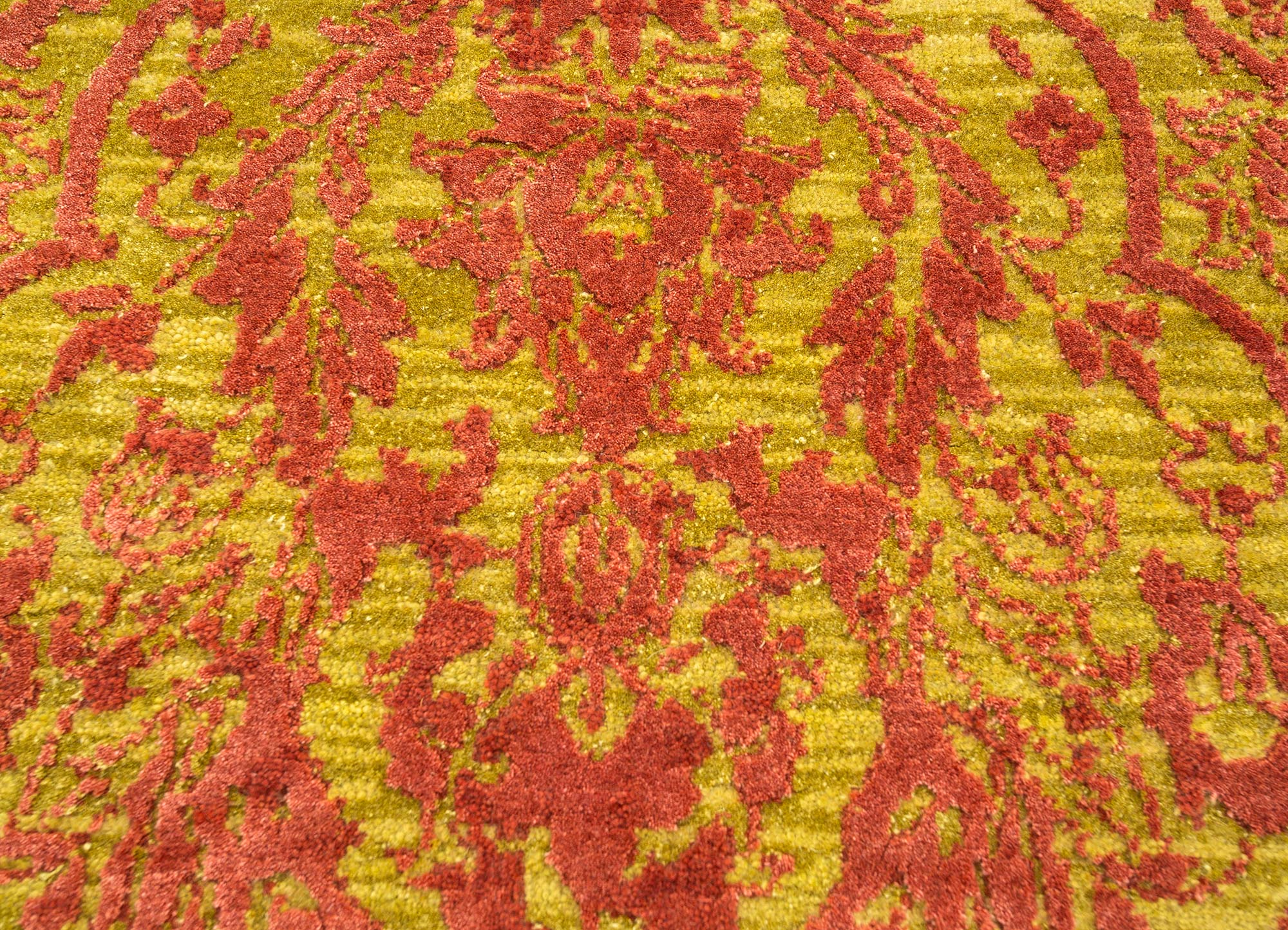 chaos theory by kavi red and orange wool and bamboo silk Hand Knotted Rug - CloseUp