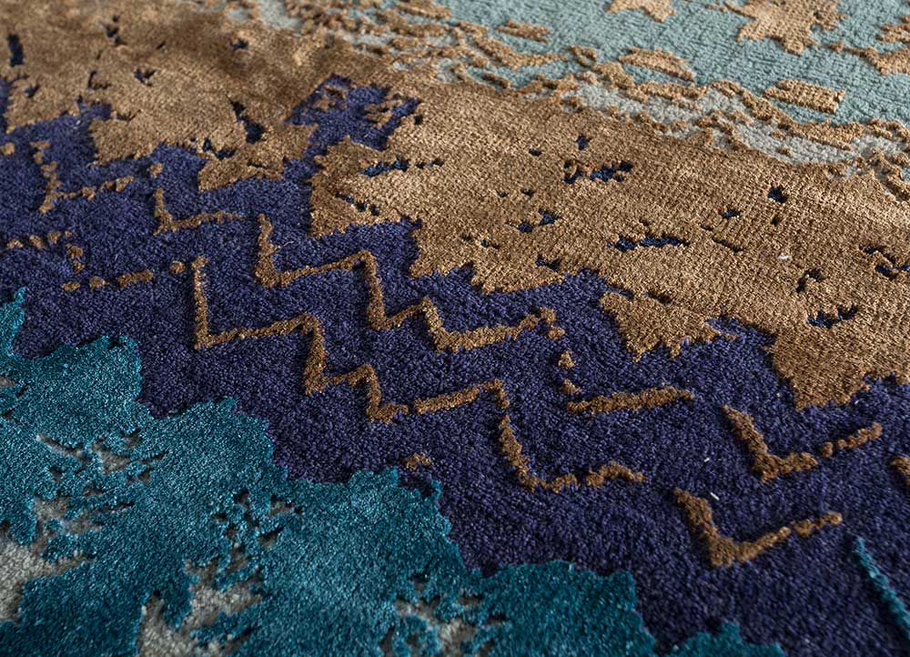 chaos theory by kavi blue wool and bamboo silk Hand Knotted Rug - CloseUp