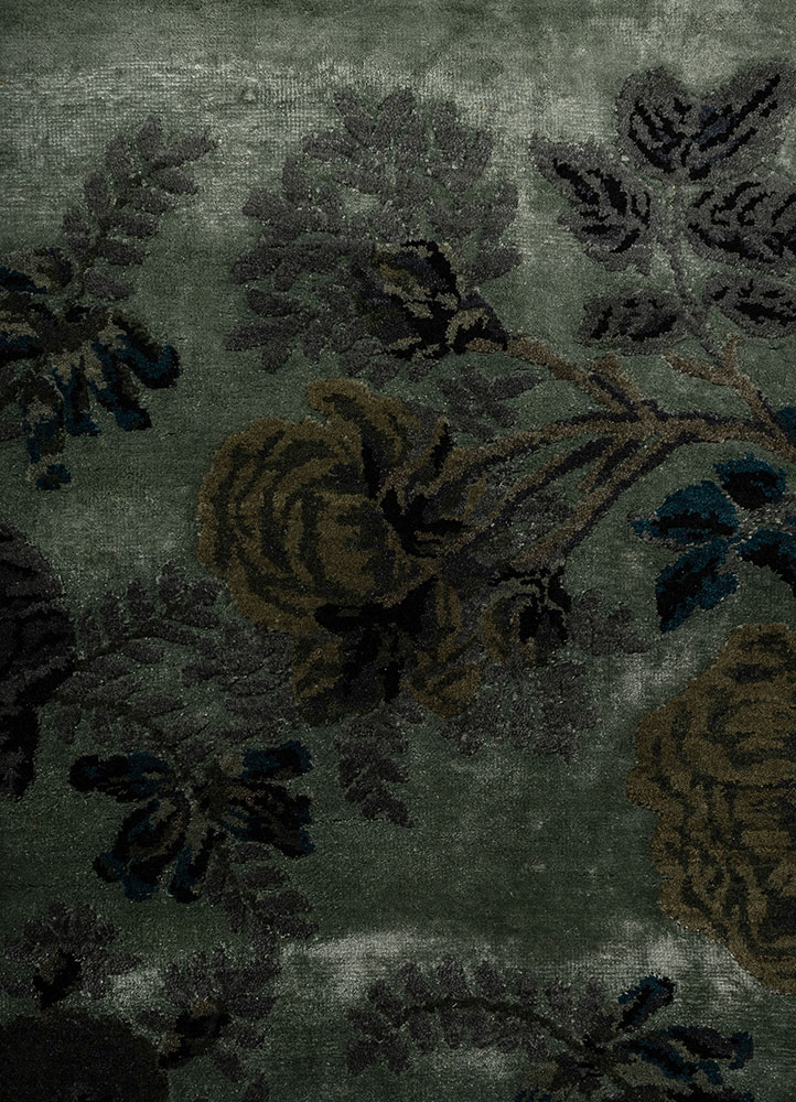 gilded age green wool and bamboo silk Hand Knotted Rug - CloseUp