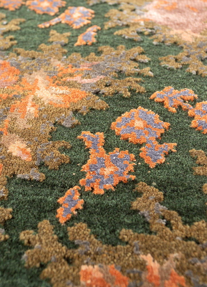 gilded age green wool and bamboo silk Hand Knotted Rug - CloseUp