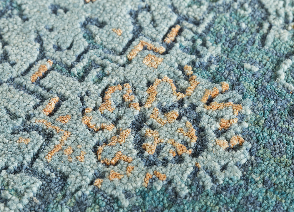 far east blue wool and silk Hand Knotted Rug - CloseUp