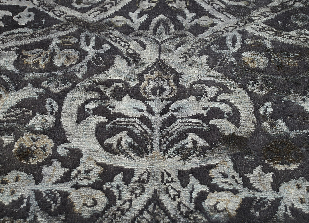 far east grey and black wool and silk Hand Knotted Rug - CloseUp