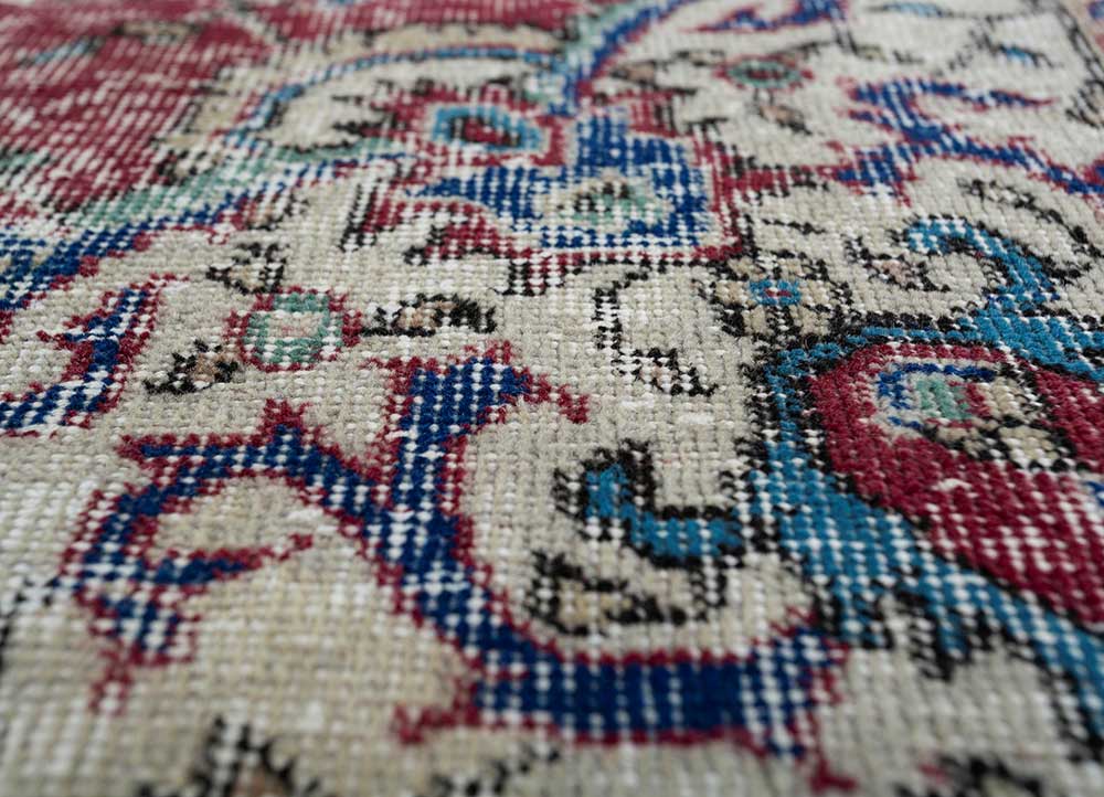 vintage red and orange wool Hand Knotted Rug - CloseUp