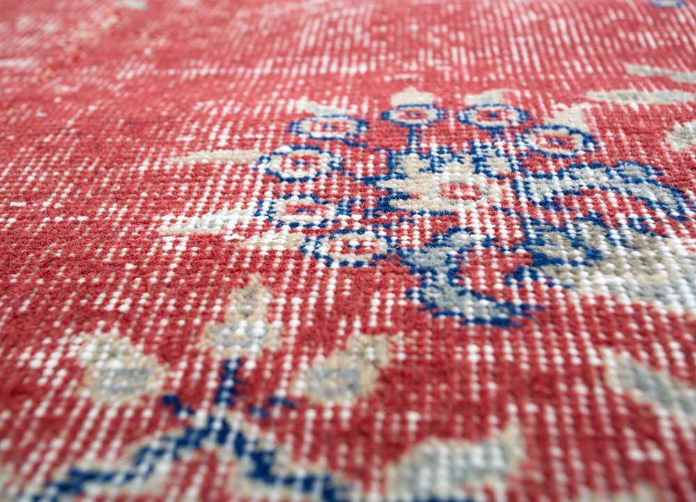 vintage red and orange wool Hand Knotted Rug - CloseUp