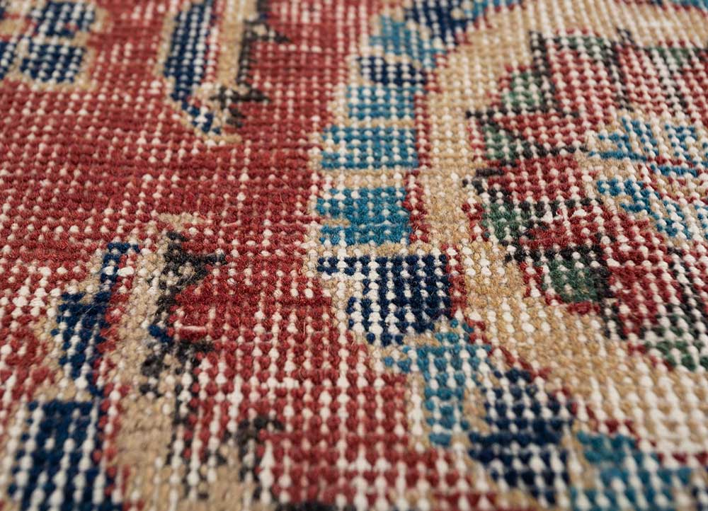 vintage red and orange wool Hand Knotted Rug - CloseUp