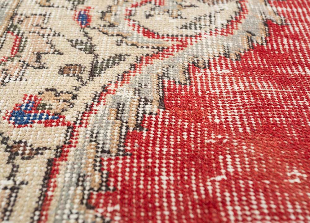 vintage red and orange wool Hand Knotted Rug - CloseUp