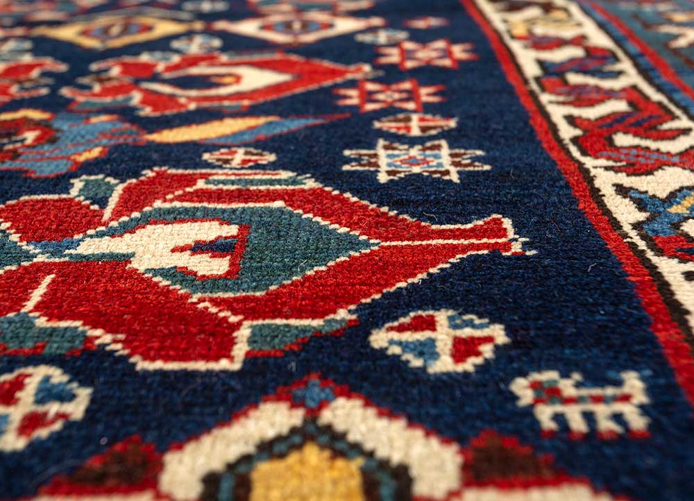aalam blue wool Hand Knotted Rug - CloseUp