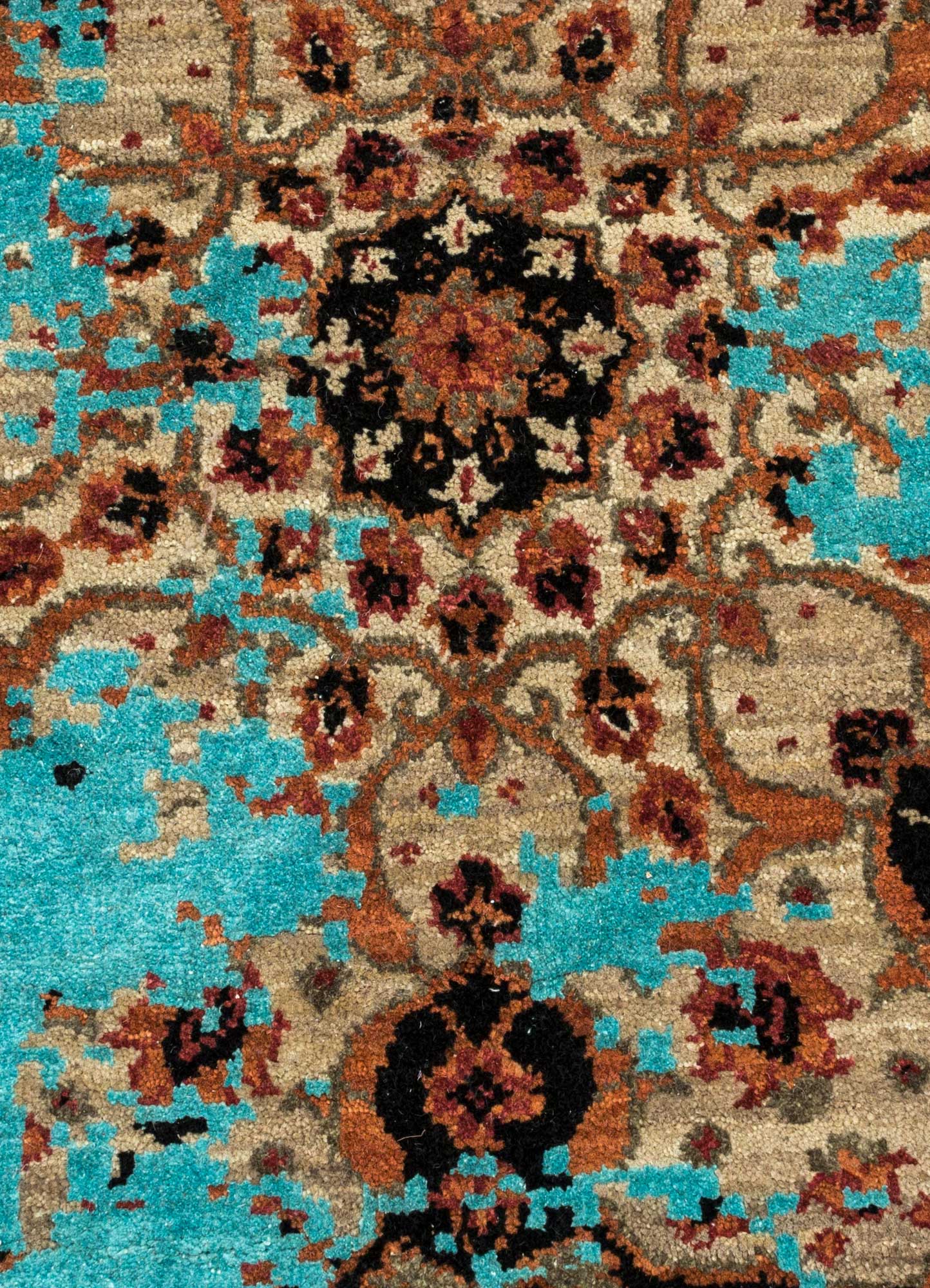 far east blue wool and silk Hand Knotted Rug - CloseUp