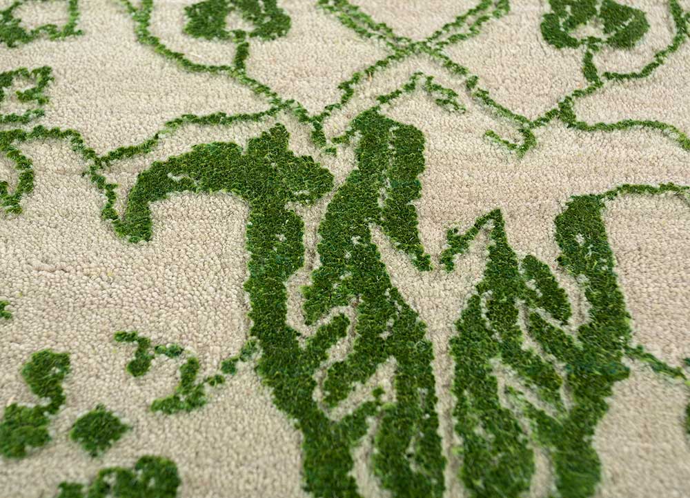 far east green wool and silk Hand Knotted Rug - CloseUp