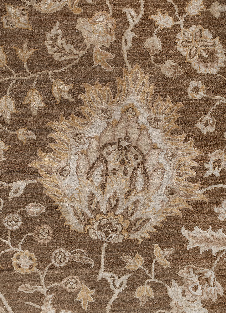 far east beige and brown wool and silk Hand Knotted Rug - CloseUp