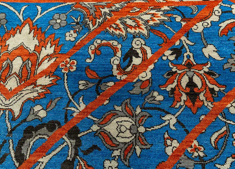 far east blue wool Hand Knotted Rug - CloseUp