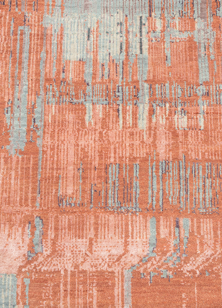 unstring by kavi red and orange wool and bamboo silk Hand Knotted Rug - CloseUp