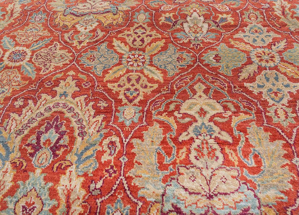 gulnar red and orange wool Hand Knotted Rug - CloseUp