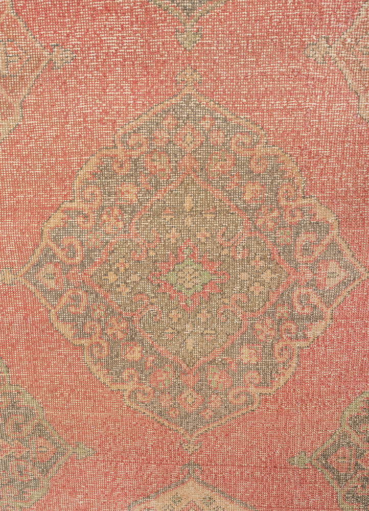 vintage red and orange wool Hand Knotted Rug - CloseUp