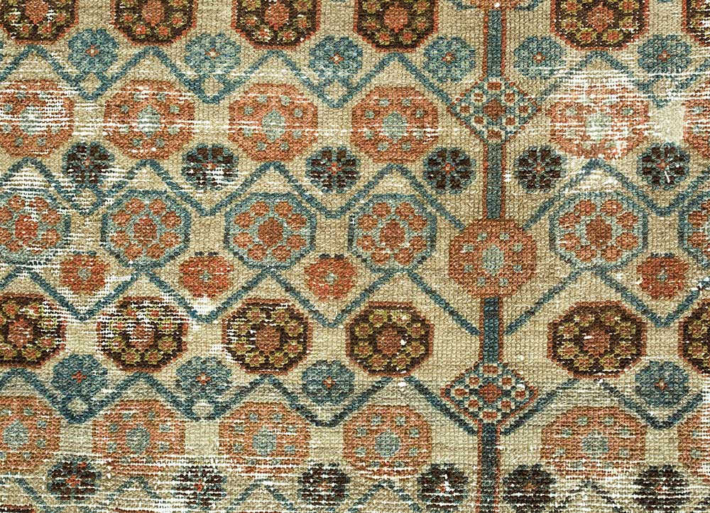 vintage beige and brown wool Hand Knotted Rug - CloseUp