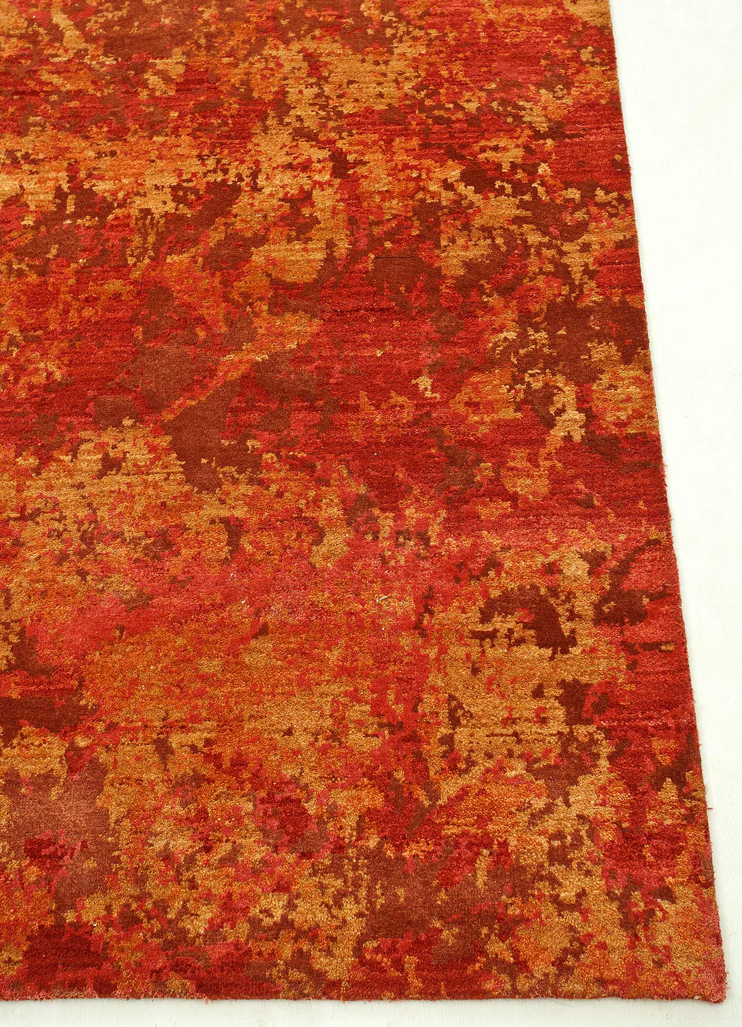 chaos theory by kavi red and orange wool and bamboo silk Hand Knotted Rug - Corner