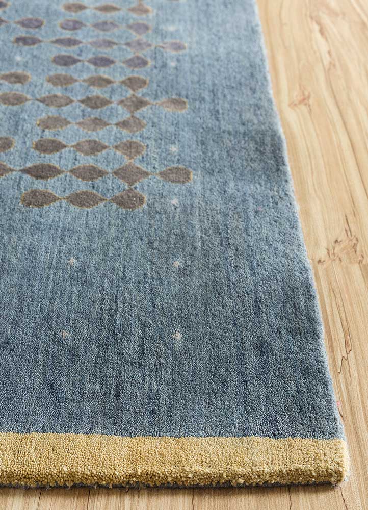 kolam blue wool and bamboo silk Hand Knotted Rug - Corner