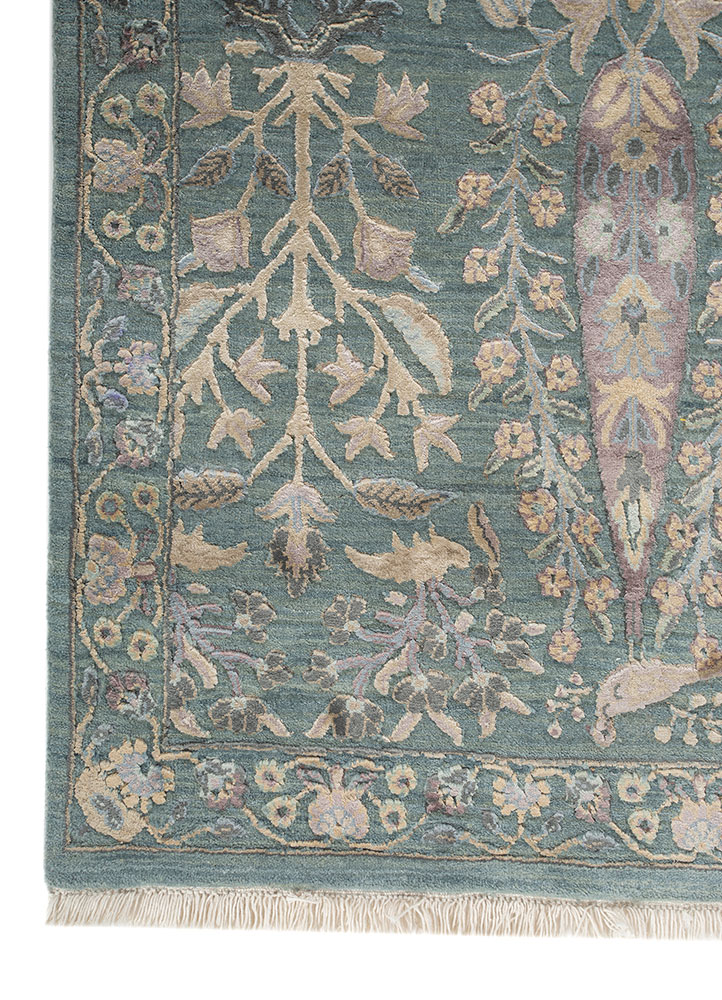 far east blue wool and silk Hand Knotted Rug - Corner