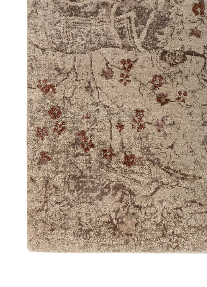 far east beige and brown wool and bamboo silk Hand Knotted Rug - Corner