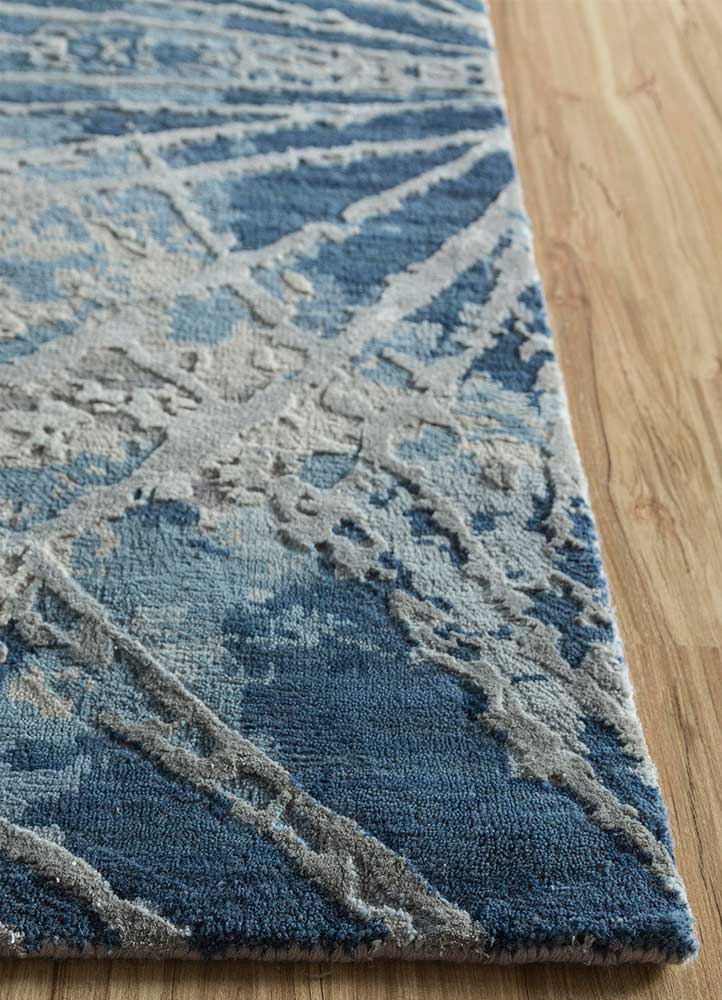 chaos theory by kavi blue wool and bamboo silk Hand Knotted Rug - Corner