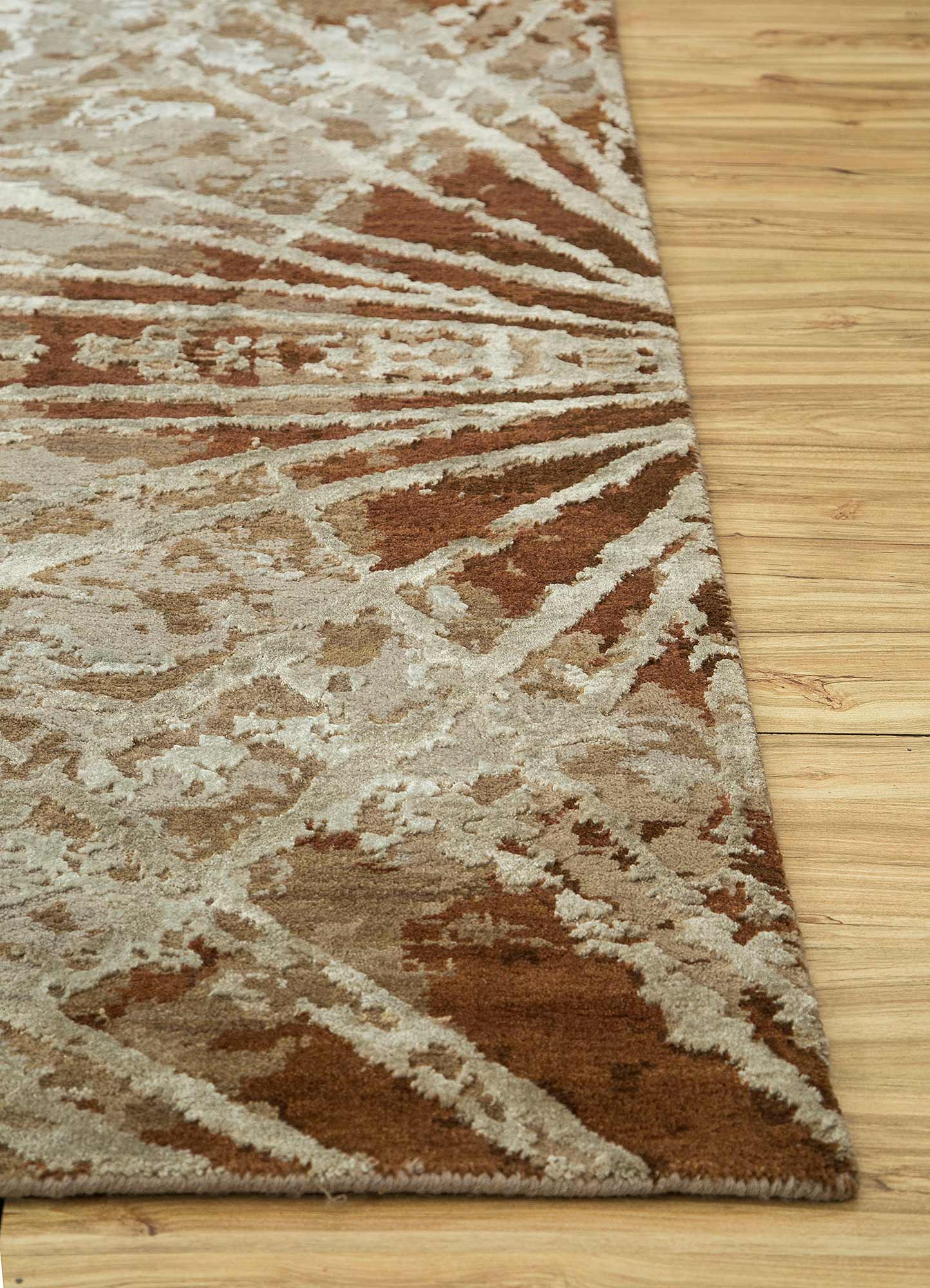 chaos theory by kavi beige and brown wool and bamboo silk Hand Knotted Rug - Corner