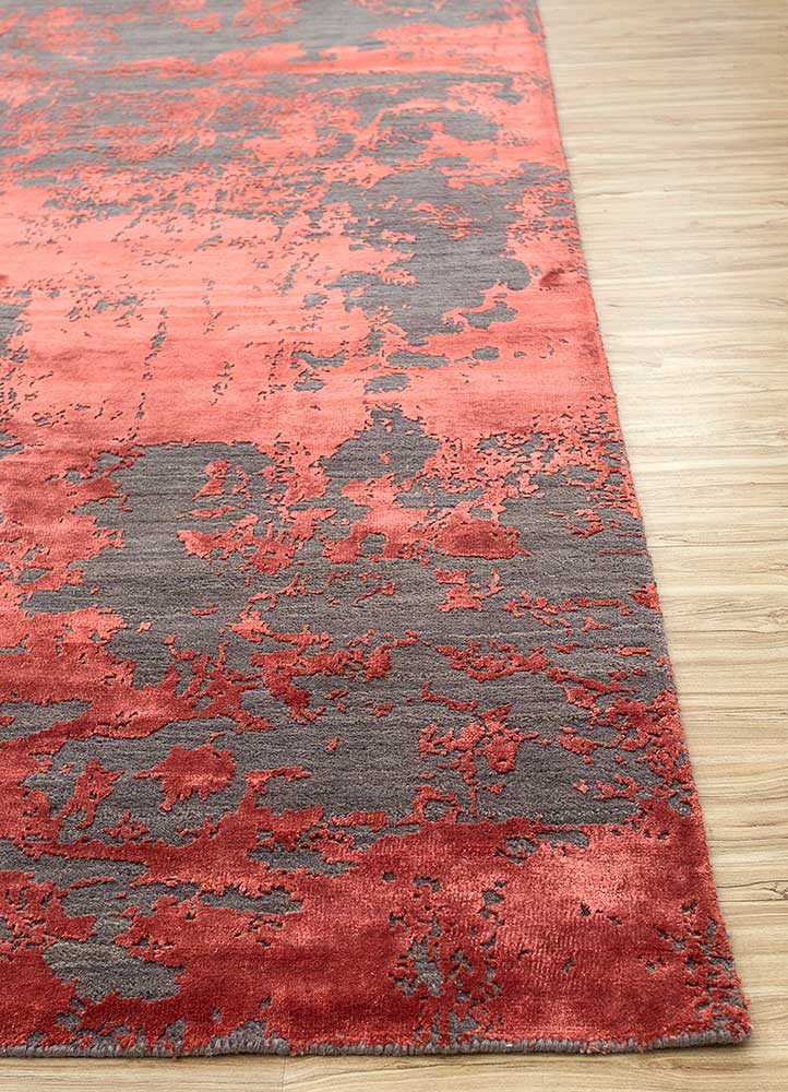 chaos theory by kavi red and orange wool and bamboo silk Hand Knotted Rug - Corner