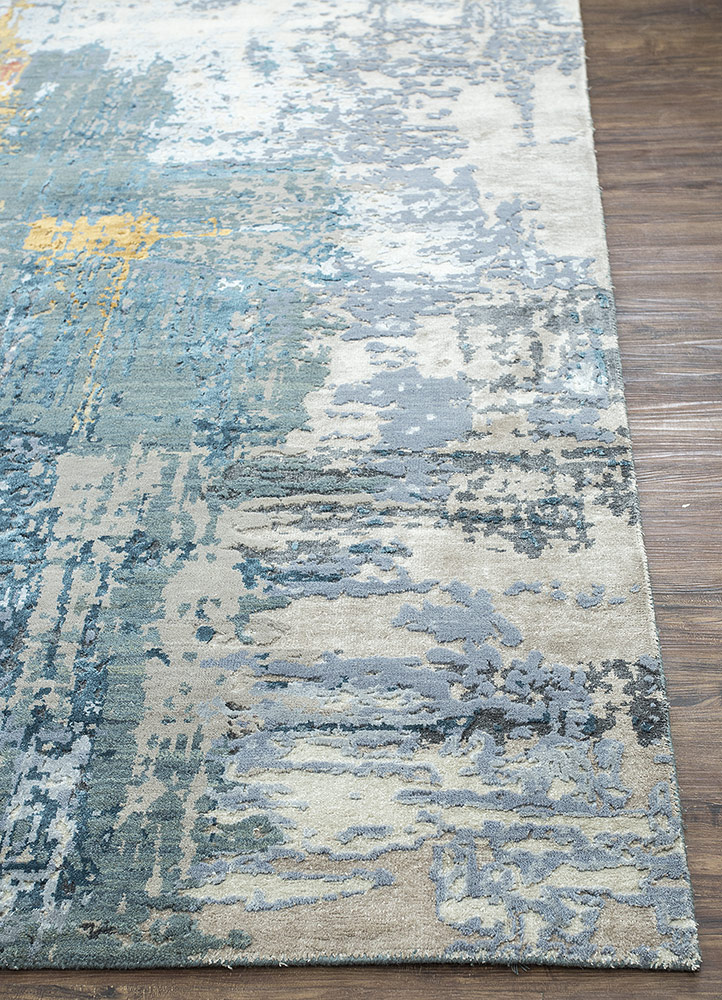 chaos theory by kavi blue wool and bamboo silk Hand Knotted Rug - Corner