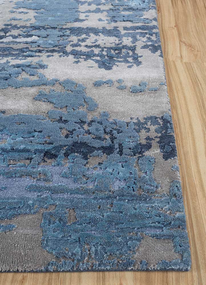 chaos theory by kavi blue wool and bamboo silk Hand Knotted Rug - Corner