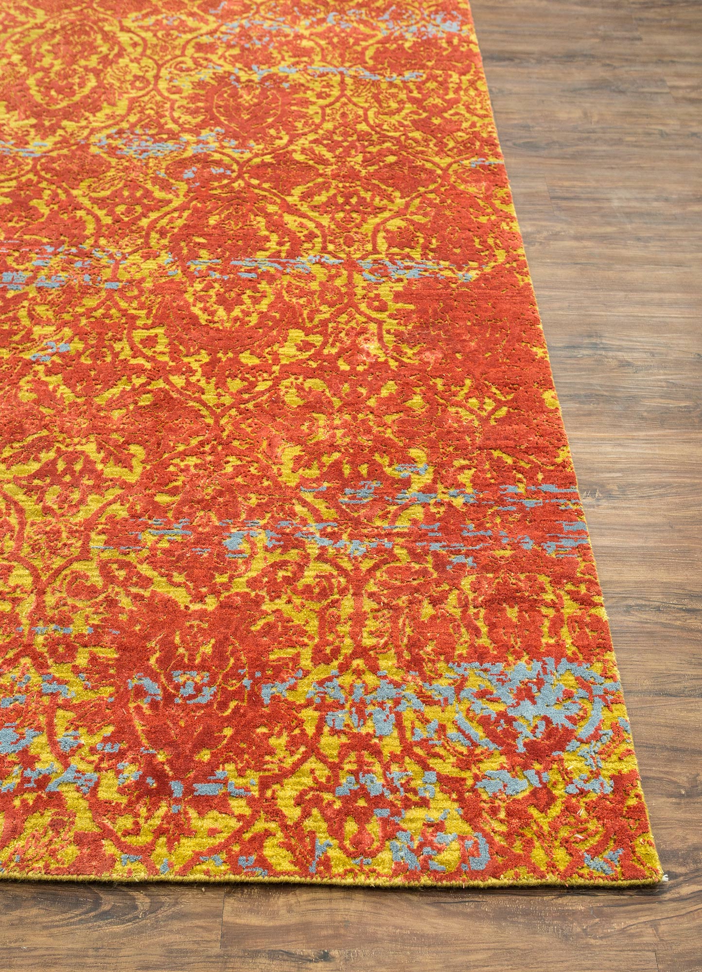 chaos theory by kavi red and orange wool and bamboo silk Hand Knotted Rug - Corner