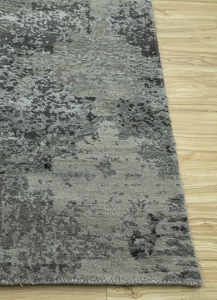 chaos theory by kavi grey and black wool and bamboo silk Hand Knotted Rug - Corner