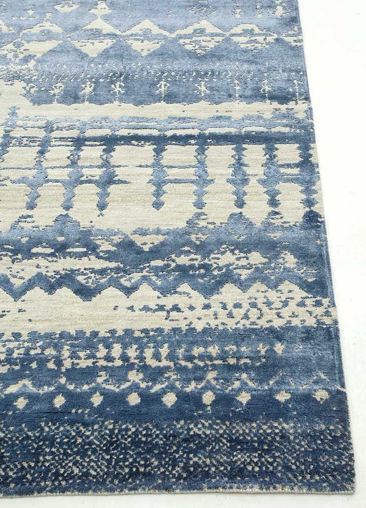 chaos theory by kavi blue wool and bamboo silk Hand Knotted Rug - Corner