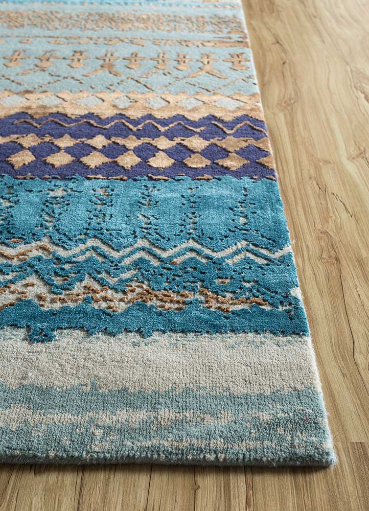 chaos theory by kavi blue wool and bamboo silk Hand Knotted Rug - Corner