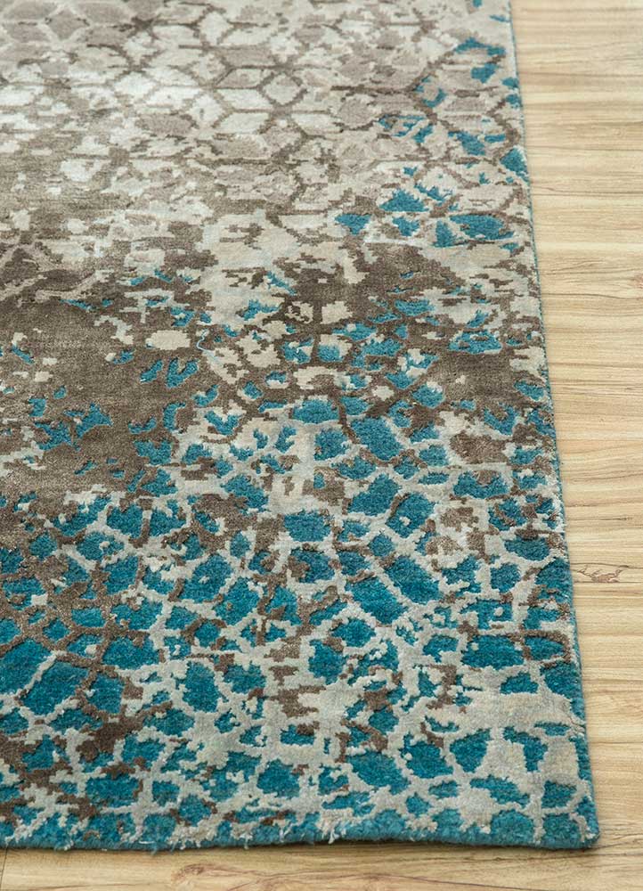 chaos theory by kavi blue wool and bamboo silk Hand Knotted Rug - Corner