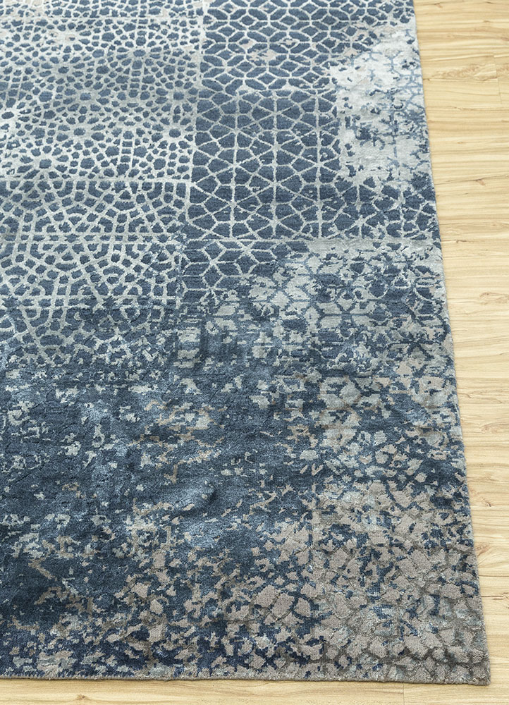 chaos theory by kavi blue wool and bamboo silk Hand Knotted Rug - Corner