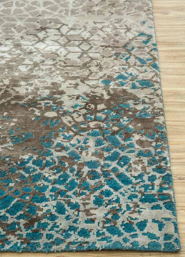 chaos theory by kavi blue wool and bamboo silk Hand Knotted Rug - Corner