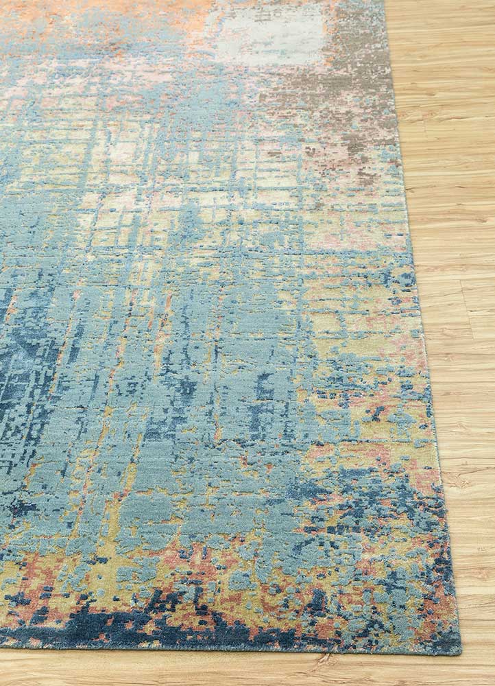 chaos theory by kavi blue wool and bamboo silk Hand Knotted Rug - Corner