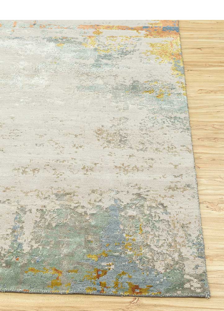 chaos theory by kavi blue wool and bamboo silk Hand Knotted Rug - Corner