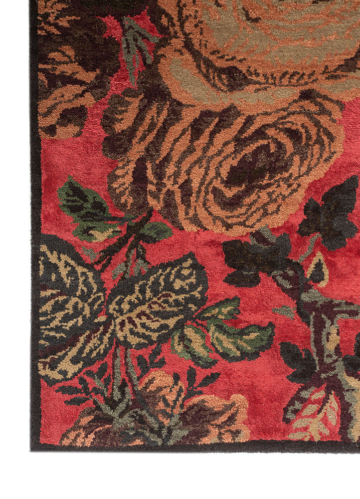 gilded age red and orange wool and bamboo silk Hand Knotted Rug - Corner