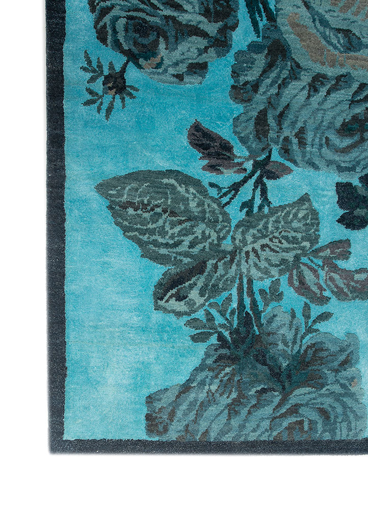 gilded age blue wool and bamboo silk Hand Knotted Rug - Corner