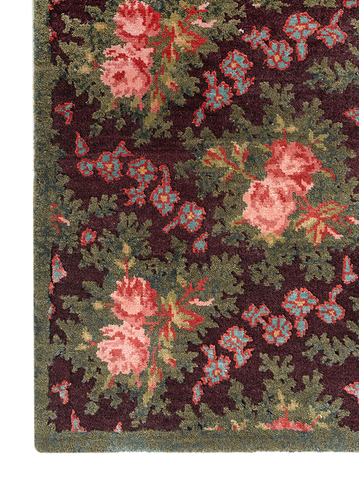 gilded age pink and purple wool and bamboo silk Hand Knotted Rug - Corner
