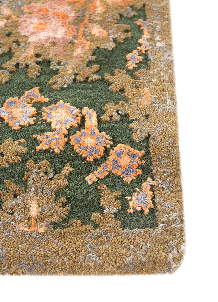 gilded age green wool and bamboo silk Hand Knotted Rug - Corner